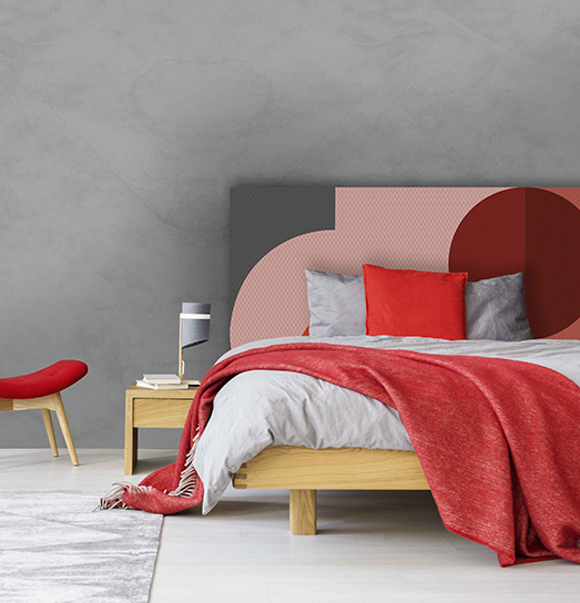 Grey bedroom with red accents